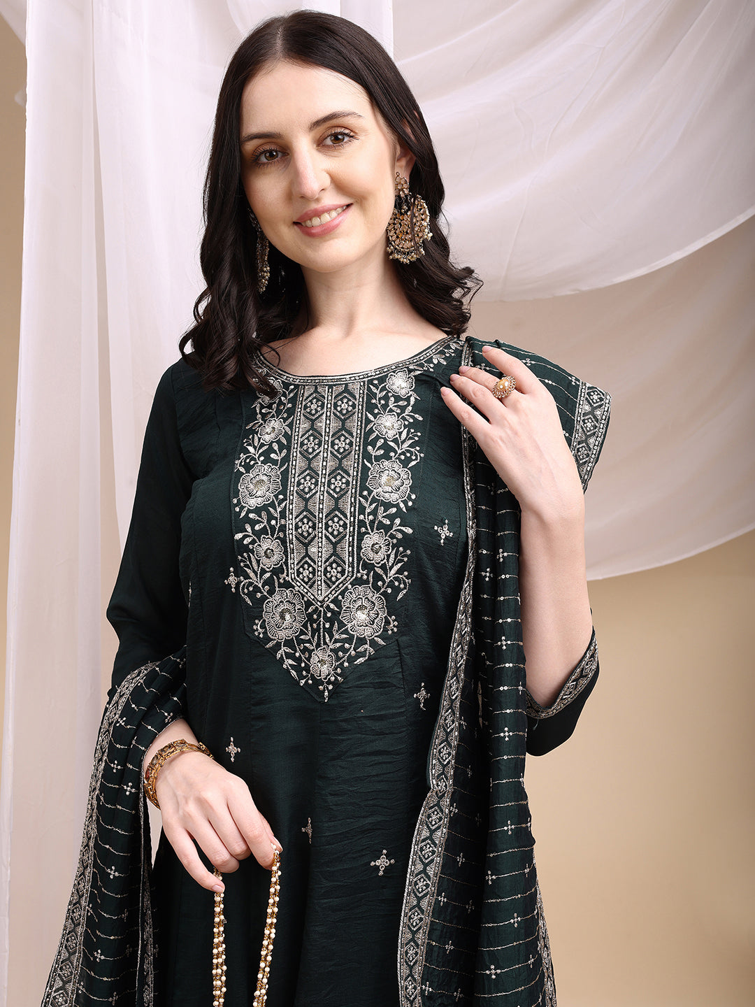 Embroidered Anarkali Kurta With Pant & Embroidered Dupatta, Bottle-Green - Hiral Fashion - Distacart