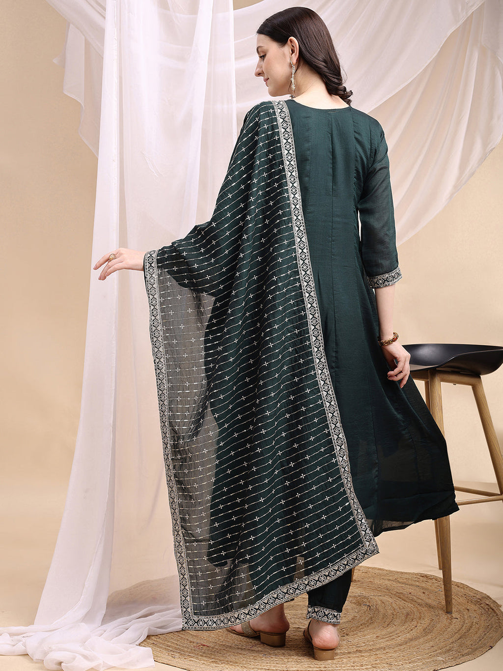 Embroidered Anarkali Kurta With Pant & Embroidered Dupatta, Bottle-Green - Hiral Fashion - Distacart