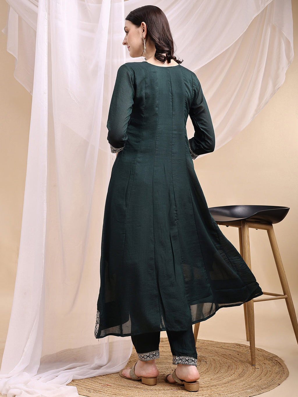 Embroidered Anarkali Kurta With Pant & Embroidered Dupatta, Bottle-Green - Hiral Fashion - Distacart