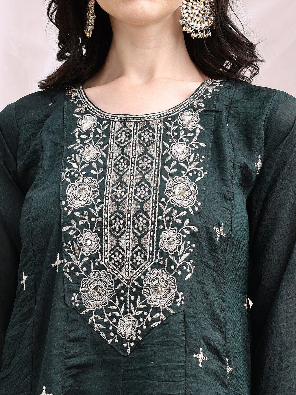 Embroidered Anarkali Kurta With Pant & Embroidered Dupatta, Bottle-Green - Hiral Fashion - Distacart