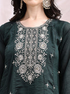 Embroidered Anarkali Kurta With Pant & Embroidered Dupatta, Bottle-Green - Hiral Fashion - Distacart