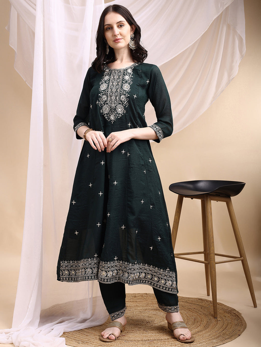 Embroidered Anarkali Kurta With Pant & Embroidered Dupatta, Bottle-Green - Hiral Fashion - Distacart