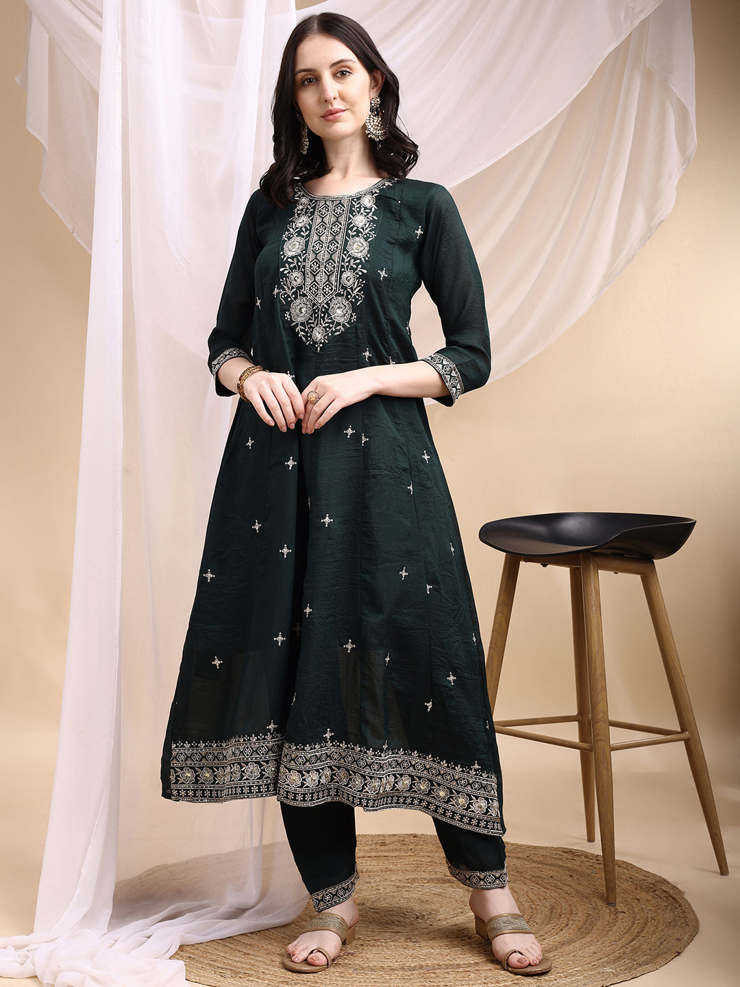 Embroidered Anarkali Kurta With Pant & Embroidered Dupatta, Bottle-Green - Hiral Fashion - Distacart