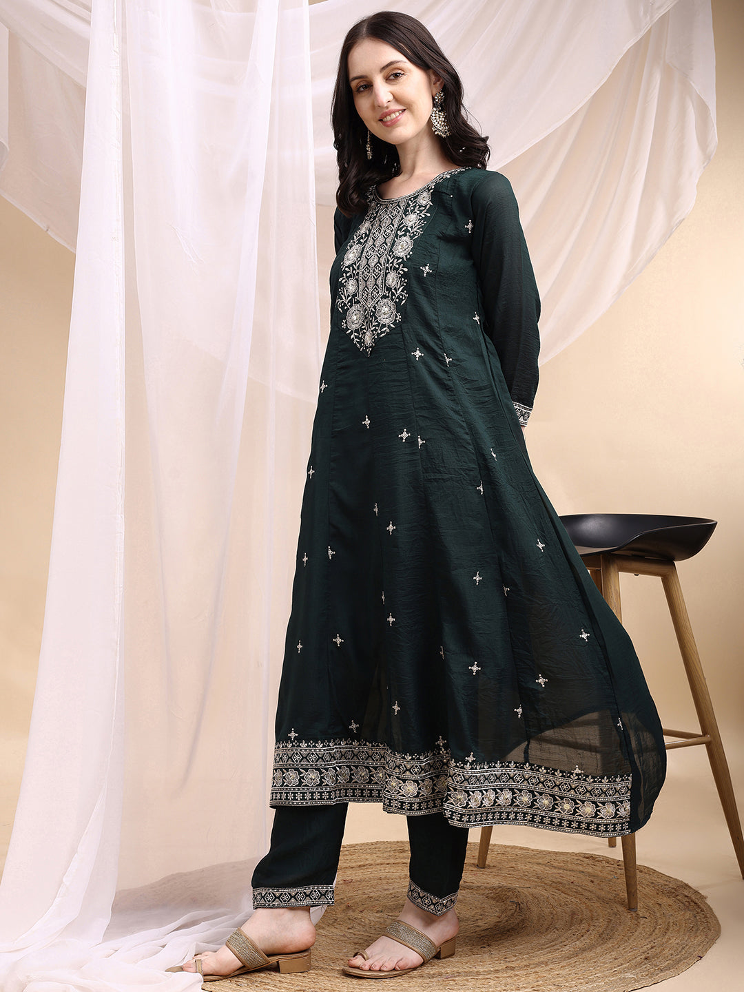 Embroidered Anarkali Kurta With Pant & Embroidered Dupatta, Bottle-Green - Hiral Fashion - Distacart