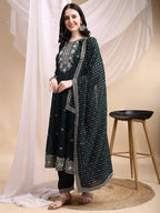 Embroidered Anarkali Kurta With Pant & Embroidered Dupatta, Bottle-Green - Hiral Fashion - Distacart