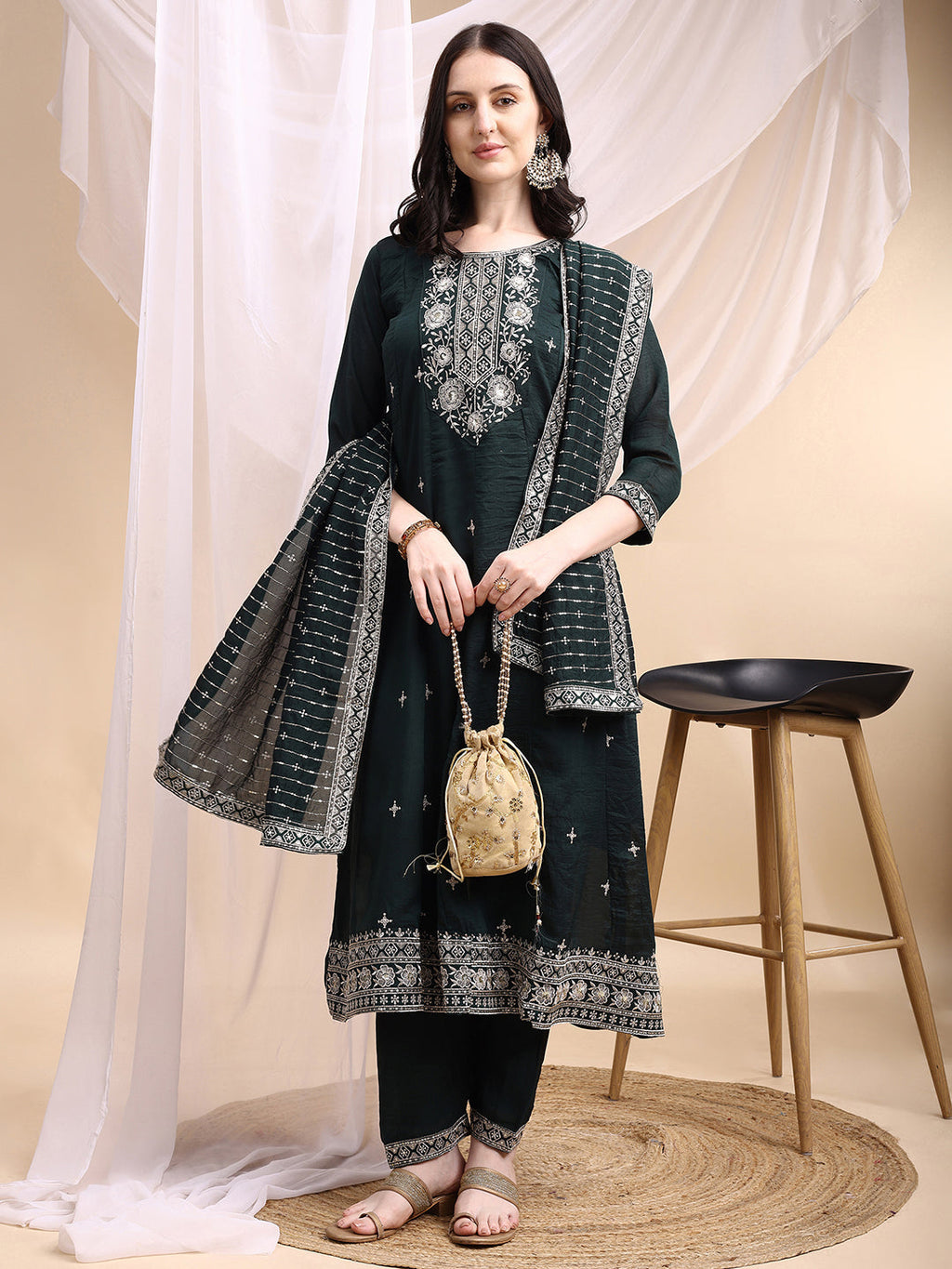 Embroidered Anarkali Kurta With Pant & Embroidered Dupatta, Bottle-Green - Hiral Fashion - Distacart