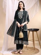Embroidered Anarkali Kurta With Pant & Embroidered Dupatta, Bottle-Green - Hiral Fashion - Distacart
