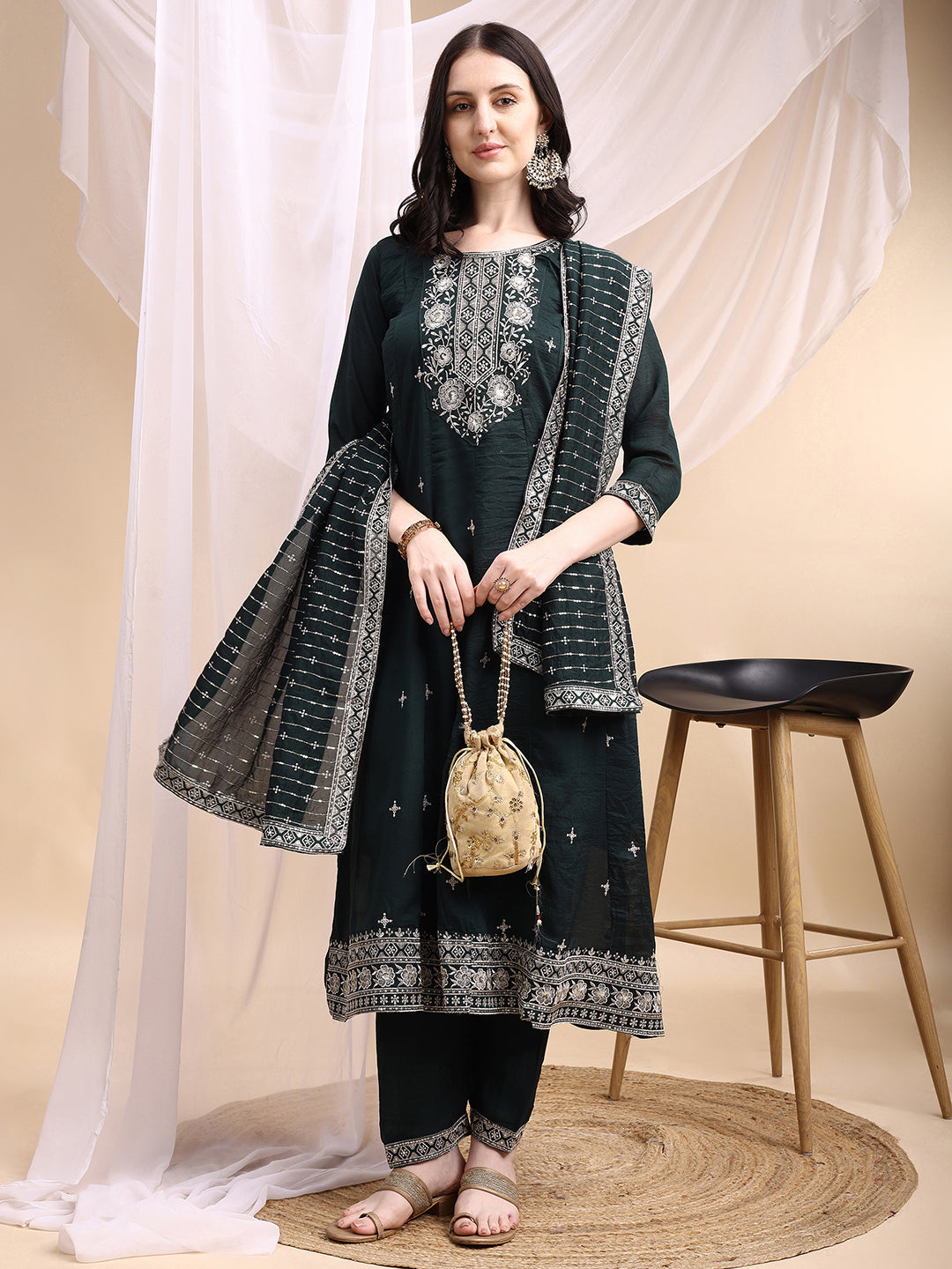 Embroidered Anarkali Kurta With Pant & Embroidered Dupatta, Bottle-Green - Hiral Fashion - Distacart