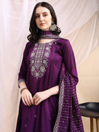 Embroidered Anarkali Kurta With Pant & Embroidered Dupatta, Purple - Hiral Fashion - Distacart