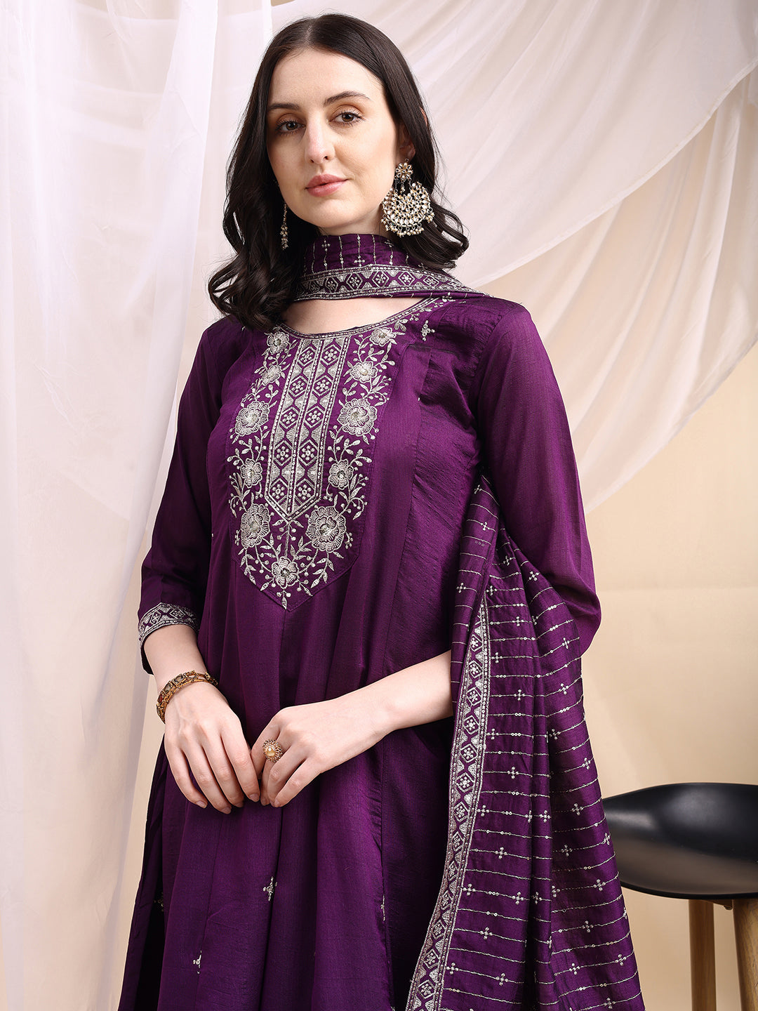 Embroidered Anarkali Kurta With Pant & Embroidered Dupatta, Purple - Hiral Fashion - Distacart