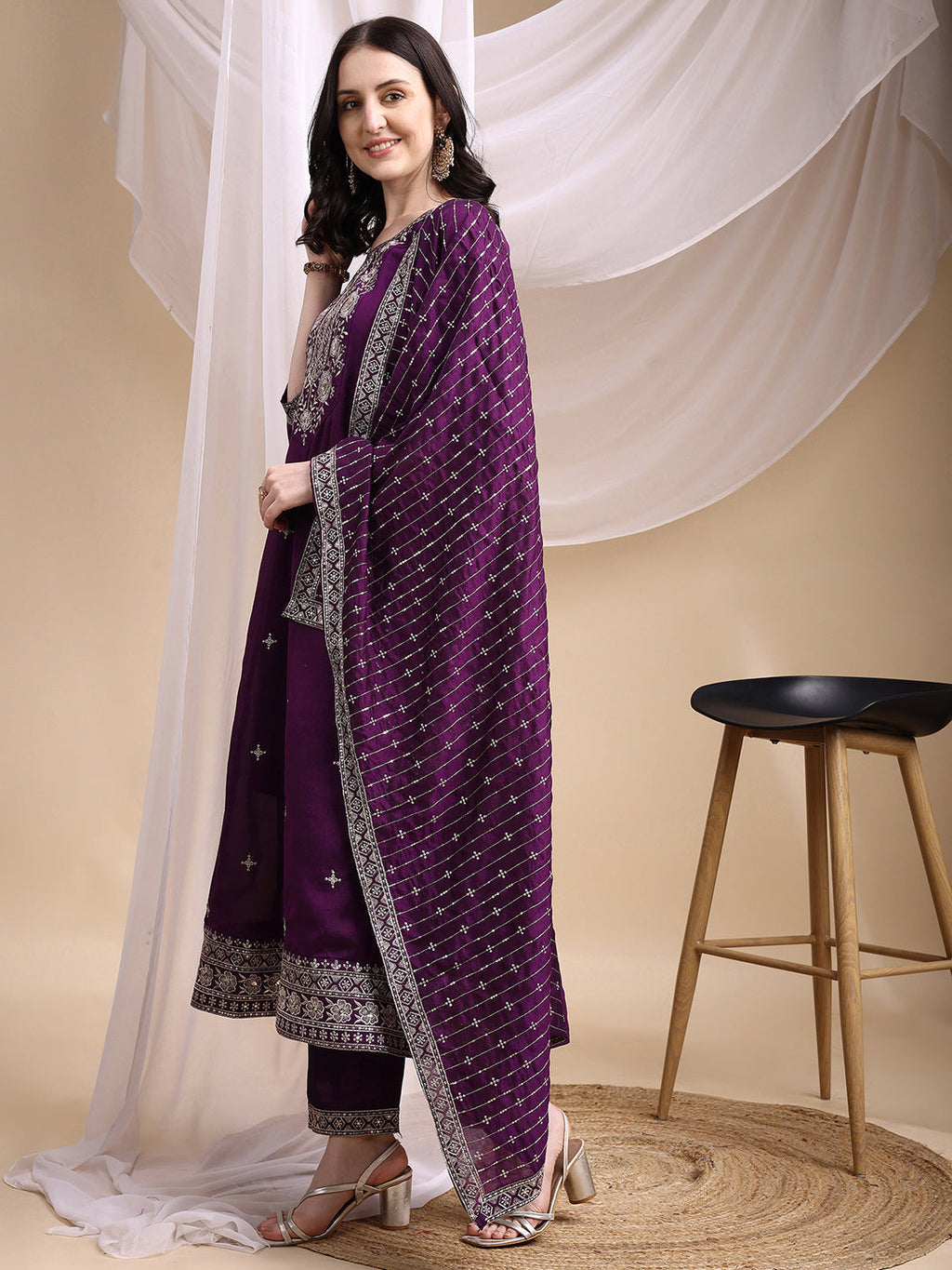Embroidered Anarkali Kurta With Pant & Embroidered Dupatta, Purple - Hiral Fashion - Distacart