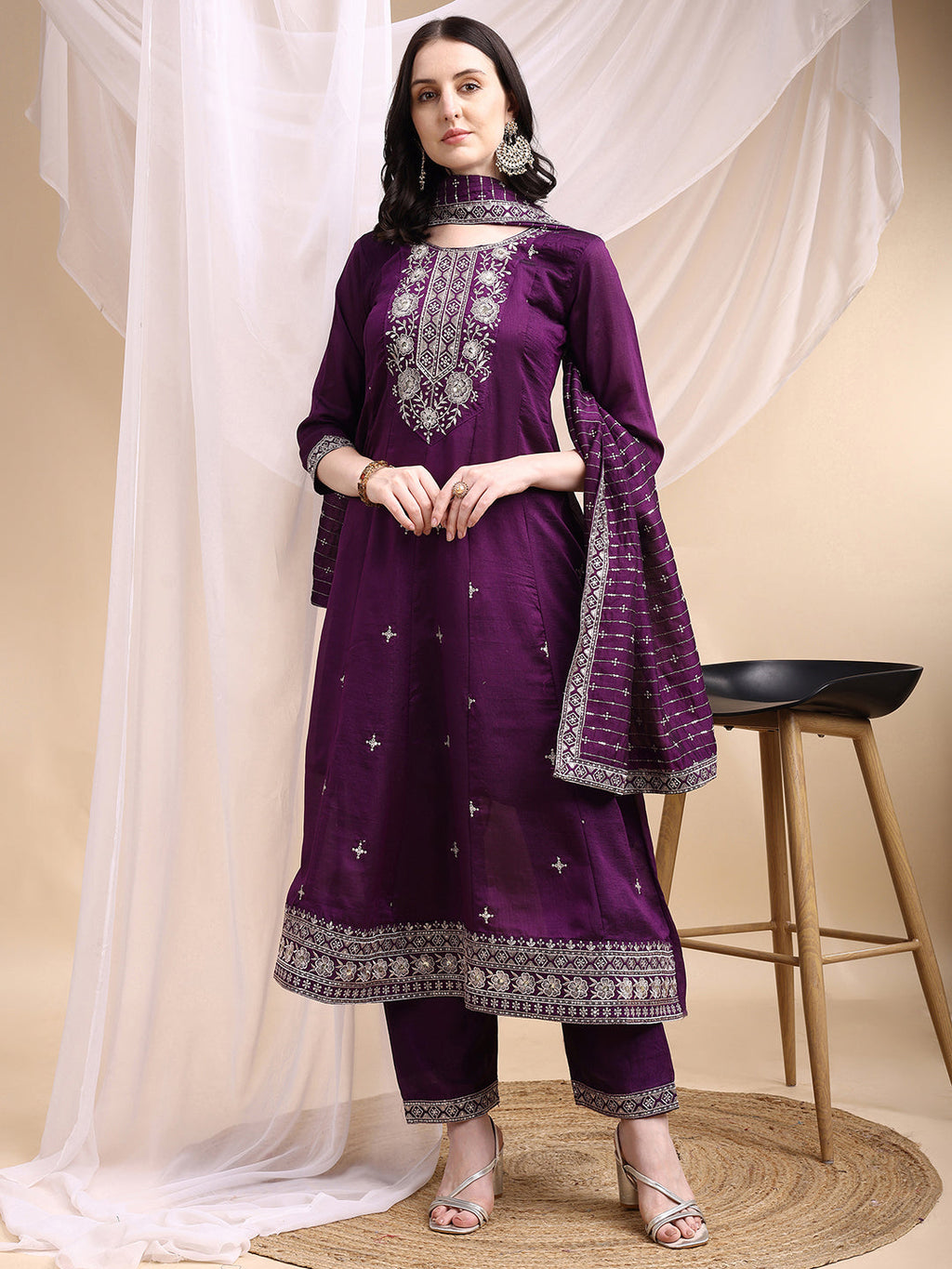 Embroidered Anarkali Kurta With Pant & Embroidered Dupatta, Purple - Hiral Fashion - Distacart