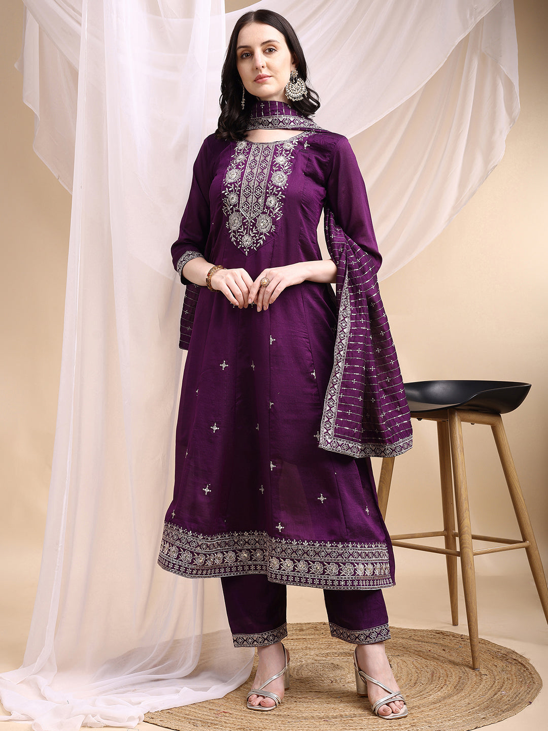 Embroidered Anarkali Kurta With Pant & Embroidered Dupatta, Purple - Hiral Fashion - Distacart