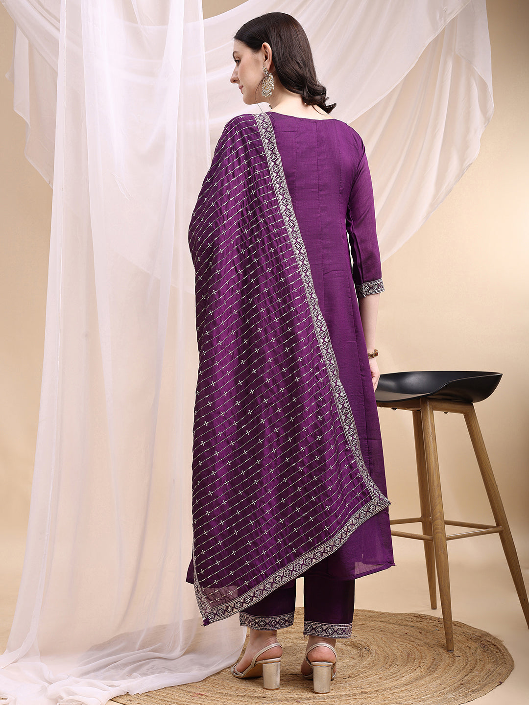Embroidered Anarkali Kurta With Pant & Embroidered Dupatta, Purple - Hiral Fashion - Distacart
