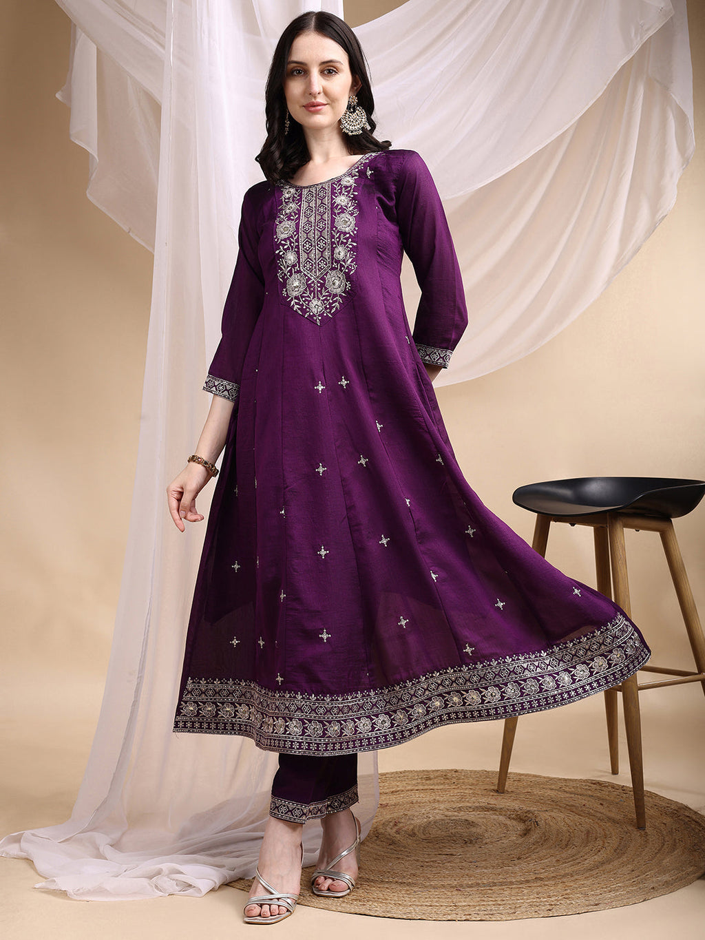 Embroidered Anarkali Kurta With Pant & Embroidered Dupatta, Purple - Hiral Fashion - Distacart