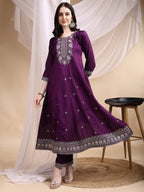 Embroidered Anarkali Kurta With Pant & Embroidered Dupatta, Purple - Hiral Fashion - Distacart