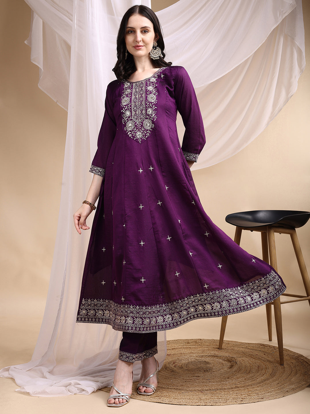 Embroidered Anarkali Kurta With Pant & Embroidered Dupatta, Purple - Hiral Fashion - Distacart