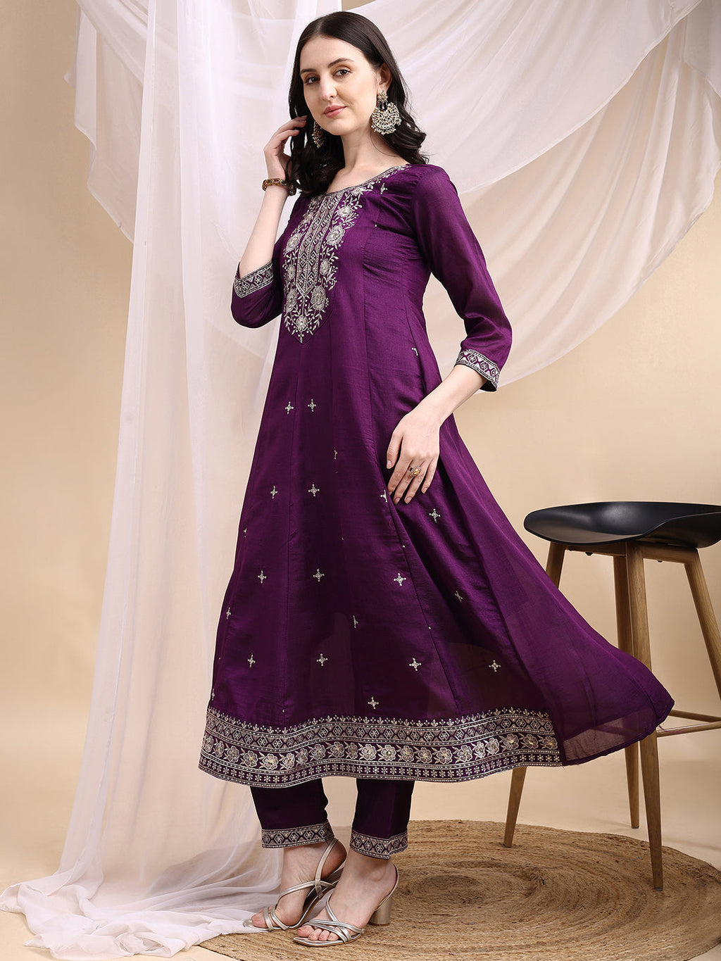 Embroidered Anarkali Kurta With Pant & Embroidered Dupatta, Purple - Hiral Fashion - Distacart