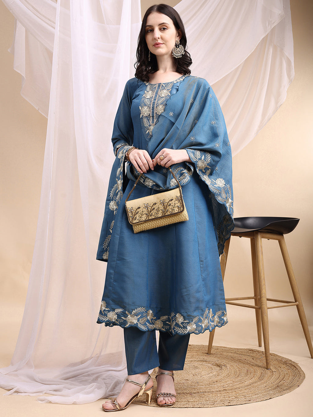 Hand Embroidered Anarkali Kurta With Pant & Embroidered Dupatta, Blue - Hiral Fashion - Distacart