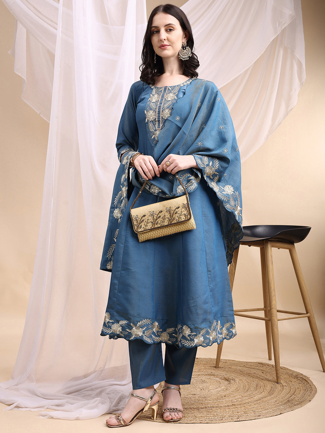 Hand Embroidered Anarkali Kurta With Pant & Embroidered Dupatta, Blue - Hiral Fashion - Distacart