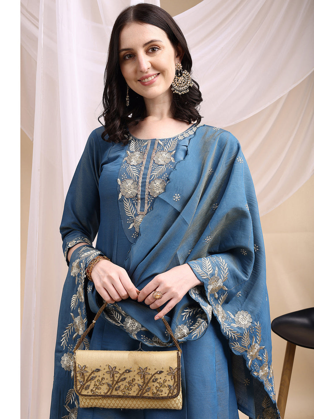 Hand Embroidered Anarkali Kurta With Pant & Embroidered Dupatta, Blue - Hiral Fashion - Distacart