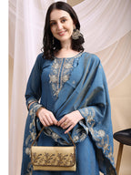 Hand Embroidered Anarkali Kurta With Pant & Embroidered Dupatta, Blue - Hiral Fashion - Distacart