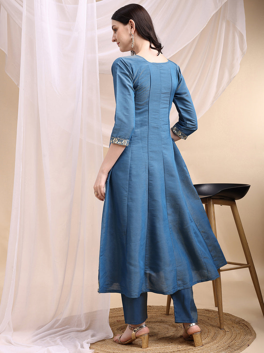 Hand Embroidered Anarkali Kurta With Pant & Embroidered Dupatta, Blue - Hiral Fashion - Distacart