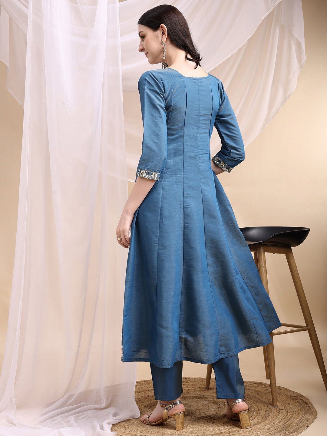 Hand Embroidered Anarkali Kurta With Pant & Embroidered Dupatta, Blue - Hiral Fashion - Distacart