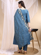 Hand Embroidered Anarkali Kurta With Pant & Embroidered Dupatta, Blue - Hiral Fashion - Distacart