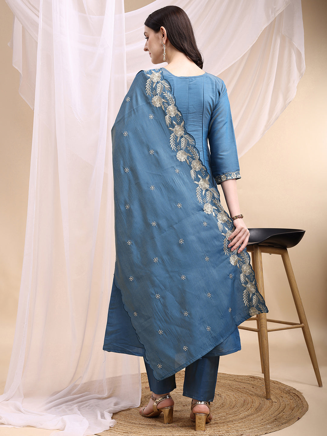 Hand Embroidered Anarkali Kurta With Pant & Embroidered Dupatta, Blue - Hiral Fashion - Distacart