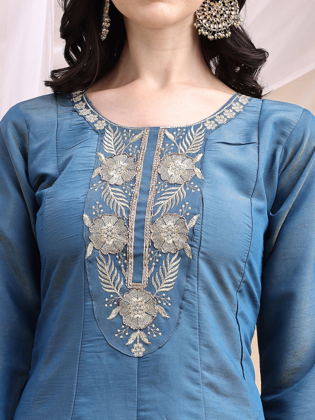 Hand Embroidered Anarkali Kurta With Pant & Embroidered Dupatta, Blue - Hiral Fashion - Distacart