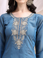 Hand Embroidered Anarkali Kurta With Pant & Embroidered Dupatta, Blue - Hiral Fashion - Distacart