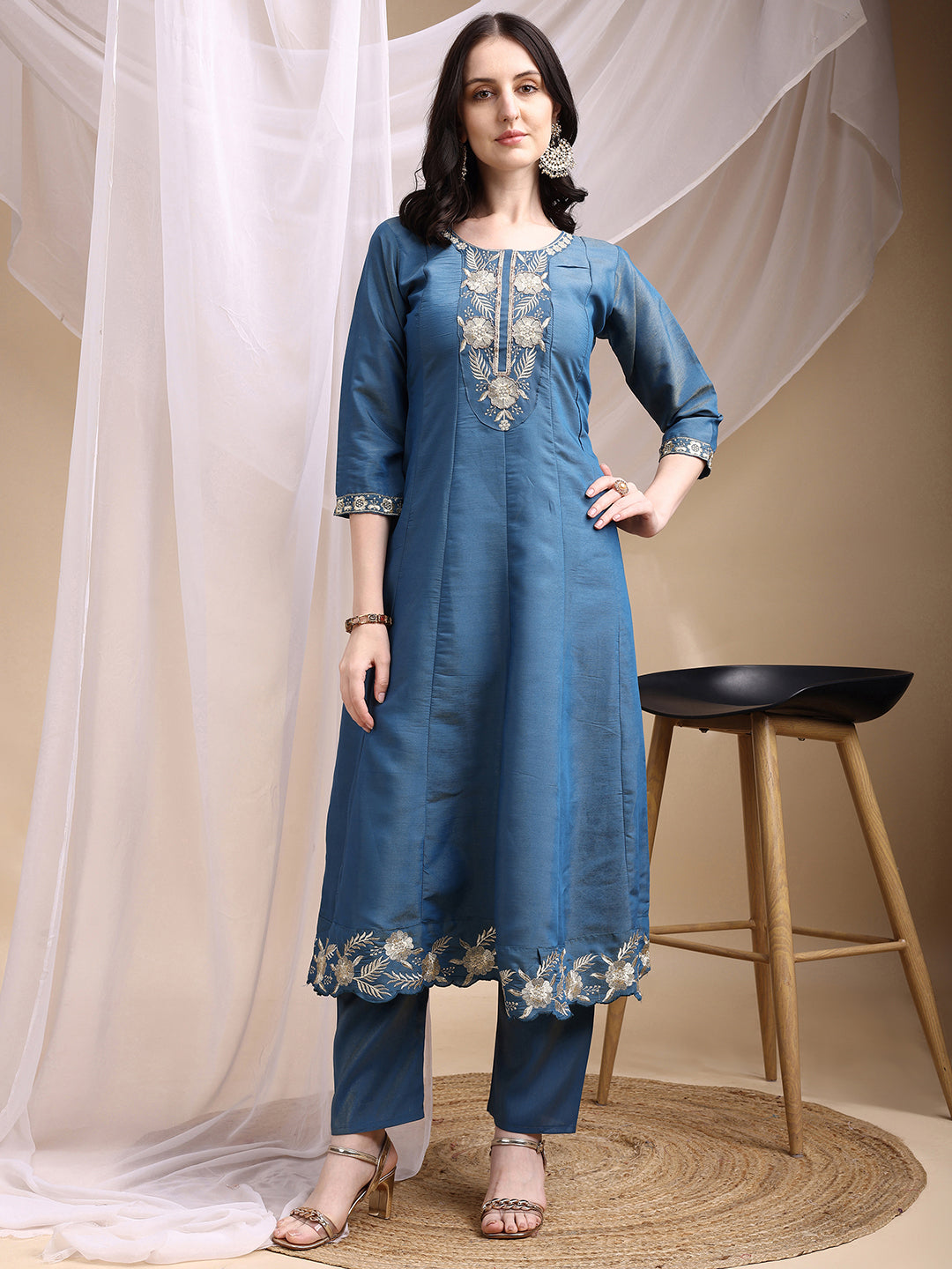Hand Embroidered Anarkali Kurta With Pant & Embroidered Dupatta, Blue - Hiral Fashion - Distacart
