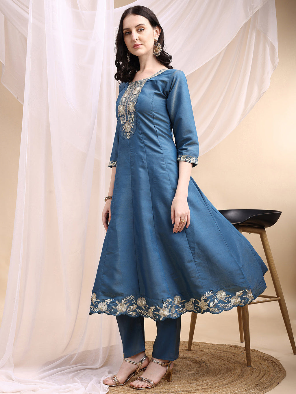 Hand Embroidered Anarkali Kurta With Pant & Embroidered Dupatta, Blue - Hiral Fashion - Distacart