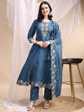 Hand Embroidered Anarkali Kurta With Pant & Embroidered Dupatta, Blue - Hiral Fashion - Distacart