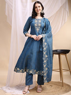 Hand Embroidered Anarkali Kurta With Pant & Embroidered Dupatta, Blue - Hiral Fashion - Distacart