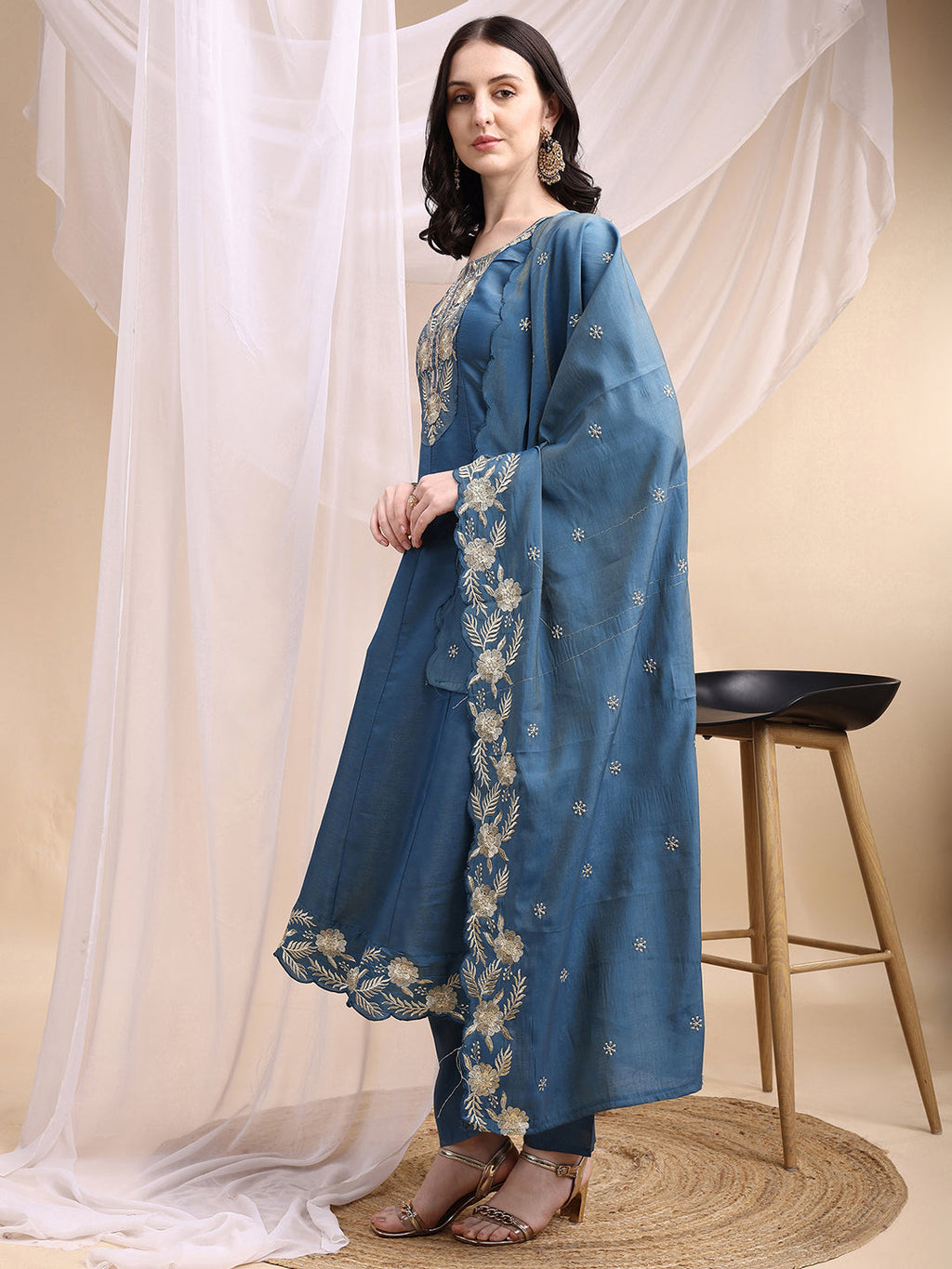 Hand Embroidered Anarkali Kurta With Pant & Embroidered Dupatta, Blue - Hiral Fashion - Distacart