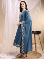 Hand Embroidered Anarkali Kurta With Pant & Embroidered Dupatta, Blue - Hiral Fashion - Distacart