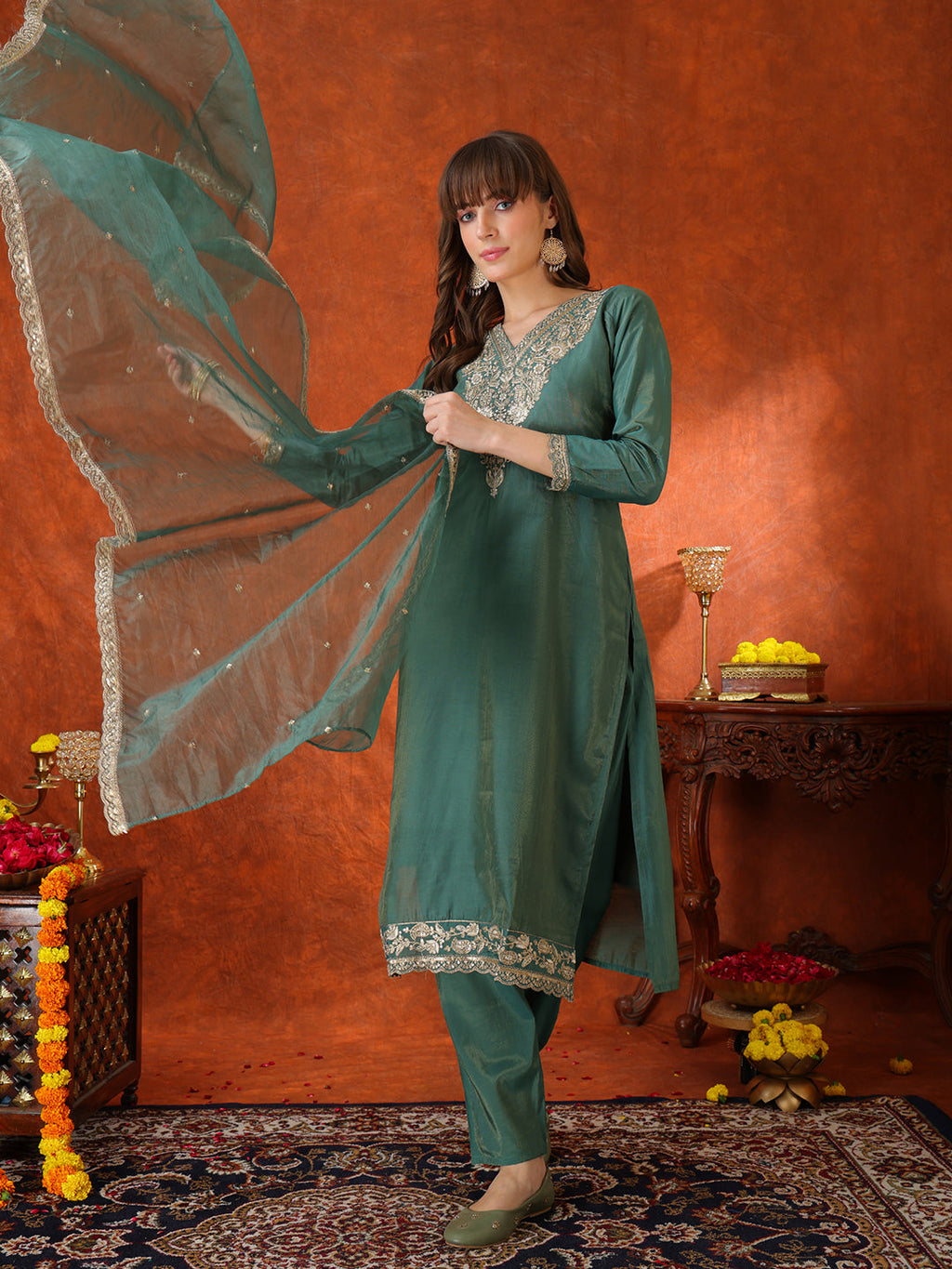 Sequin Embroidered Kurta With Pant & Embroidered Organza Dupatta, Green - Hiral Fashion - Distacart