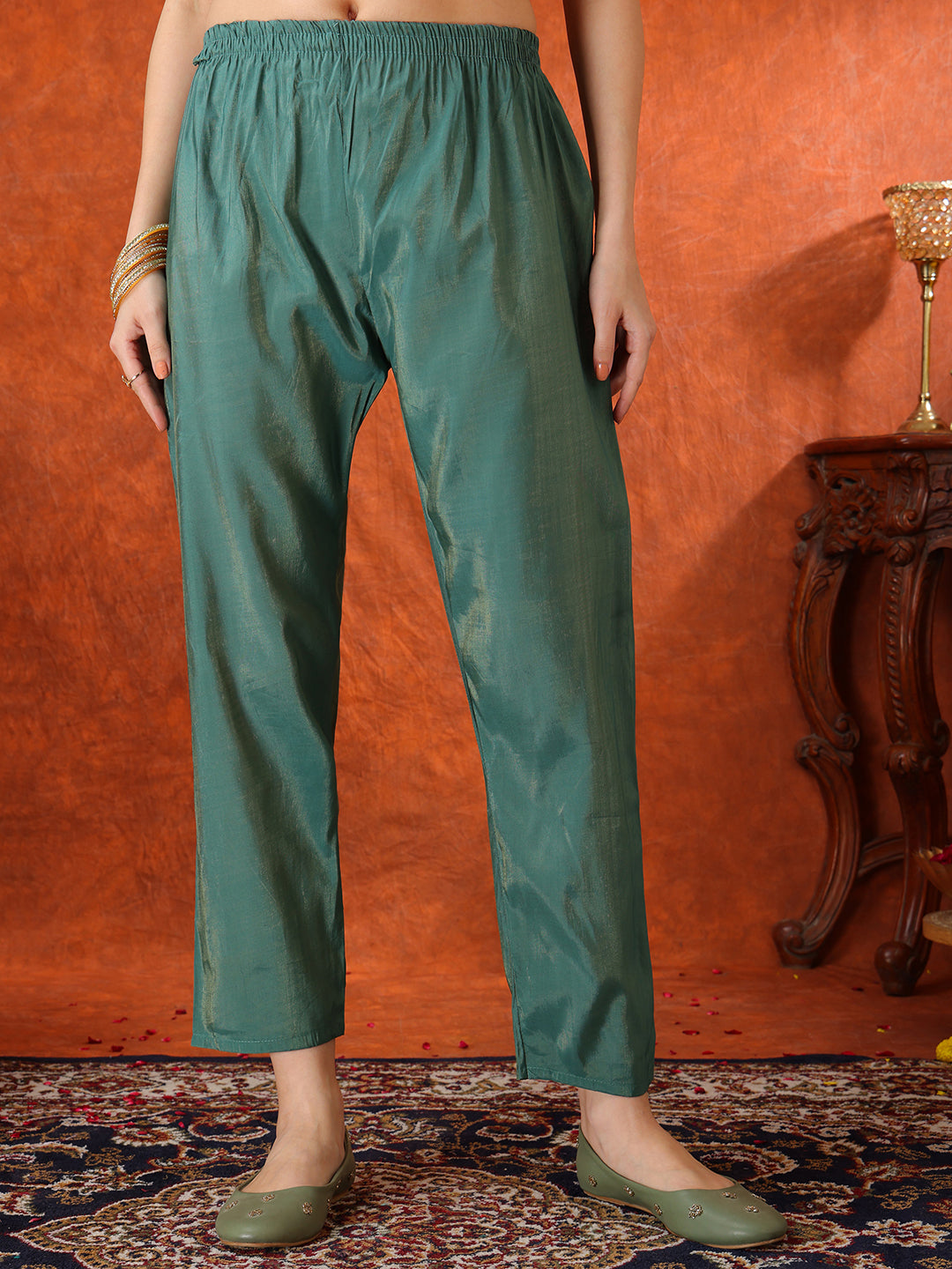Sequin Embroidered Kurta With Pant & Embroidered Organza Dupatta, Green - Hiral Fashion - Distacart