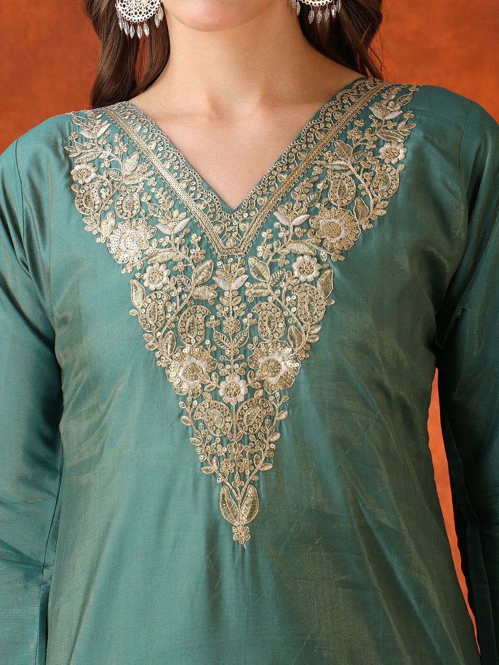 Sequin Embroidered Kurta With Pant & Embroidered Organza Dupatta, Green - Hiral Fashion - Distacart
