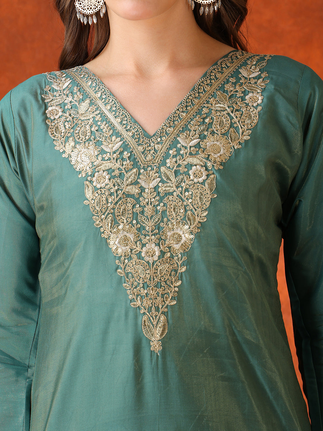 Sequin Embroidered Kurta With Pant & Embroidered Organza Dupatta, Green - Hiral Fashion - Distacart