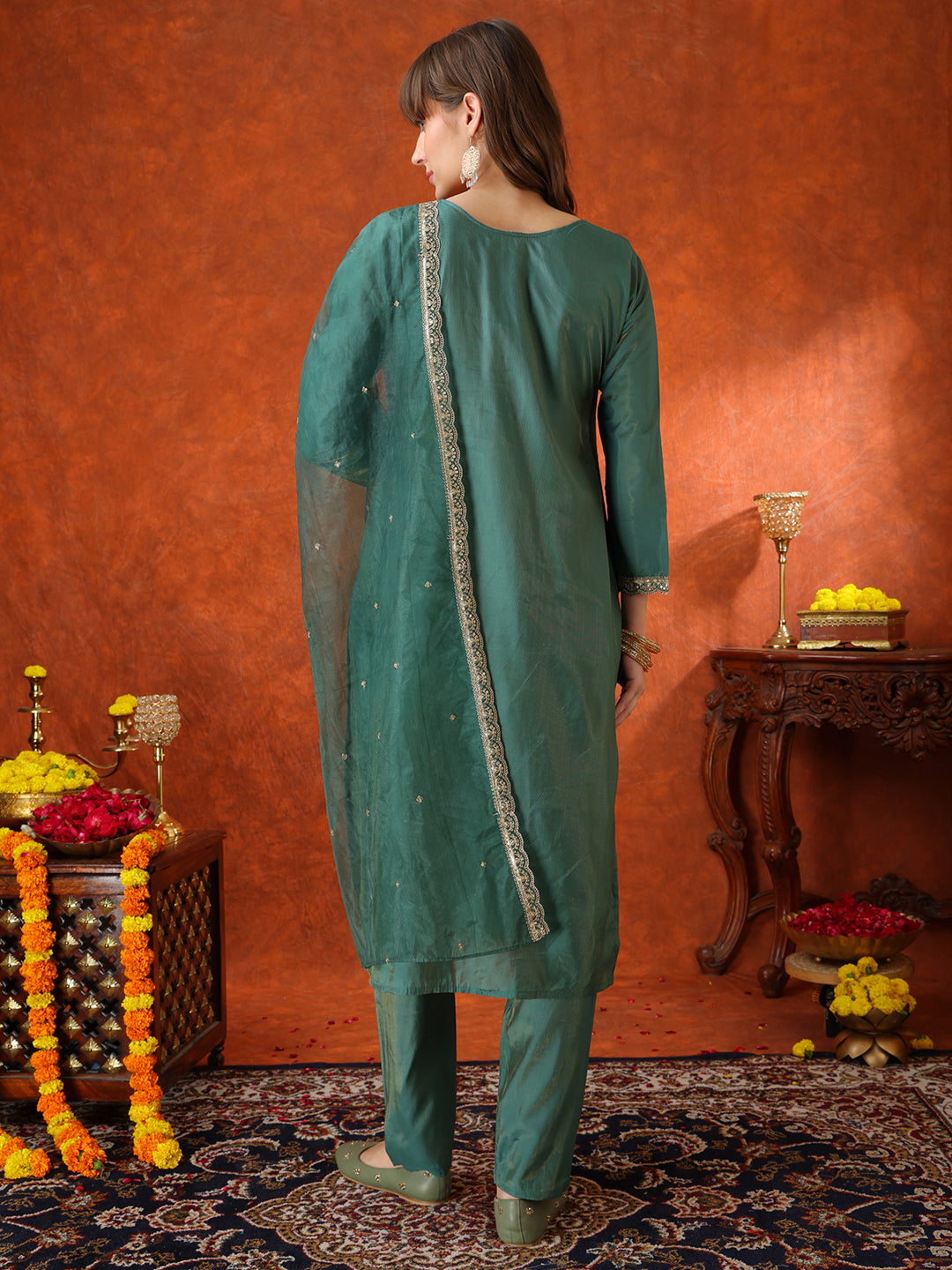 Sequin Embroidered Kurta With Pant & Embroidered Organza Dupatta, Green - Hiral Fashion - Distacart