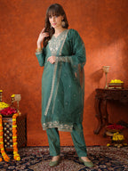 Sequin Embroidered Kurta With Pant & Embroidered Organza Dupatta, Green - Hiral Fashion - Distacart