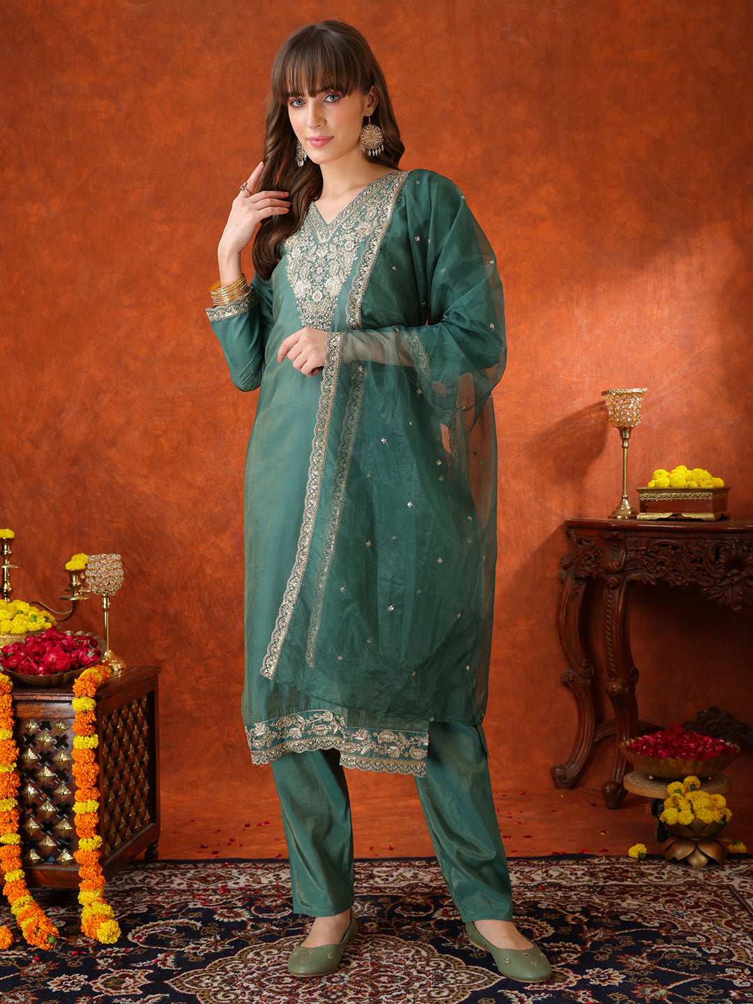 Sequin Embroidered Kurta With Pant & Embroidered Organza Dupatta, Green - Hiral Fashion - Distacart