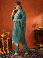 Sequin Embroidered Kurta With Pant & Embroidered Organza Dupatta, Green - Hiral Fashion - Distacart