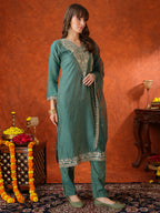 Sequin Embroidered Kurta With Pant & Embroidered Organza Dupatta, Green - Hiral Fashion - Distacart