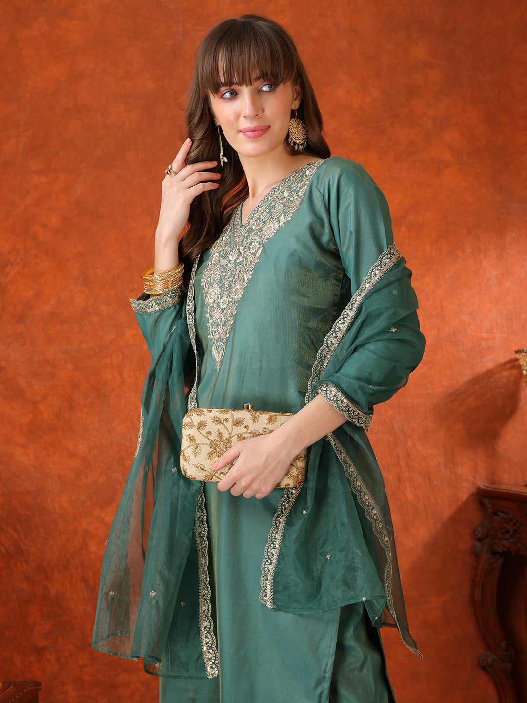Sequin Embroidered Kurta With Pant & Embroidered Organza Dupatta, Green - Hiral Fashion - Distacart