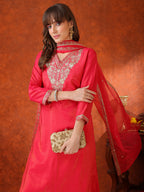 Sequin Embroidered Kurta With Pant & Embroidered Organza Dupatta, Pink - Hiral Fashion - Distacart