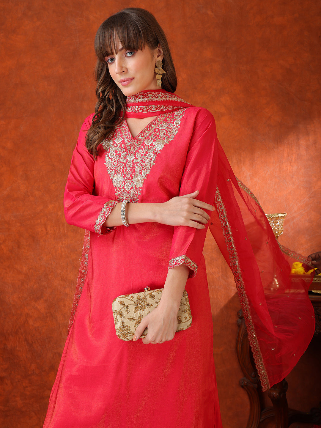Sequin Embroidered Kurta With Pant & Embroidered Organza Dupatta, Pink - Hiral Fashion - Distacart